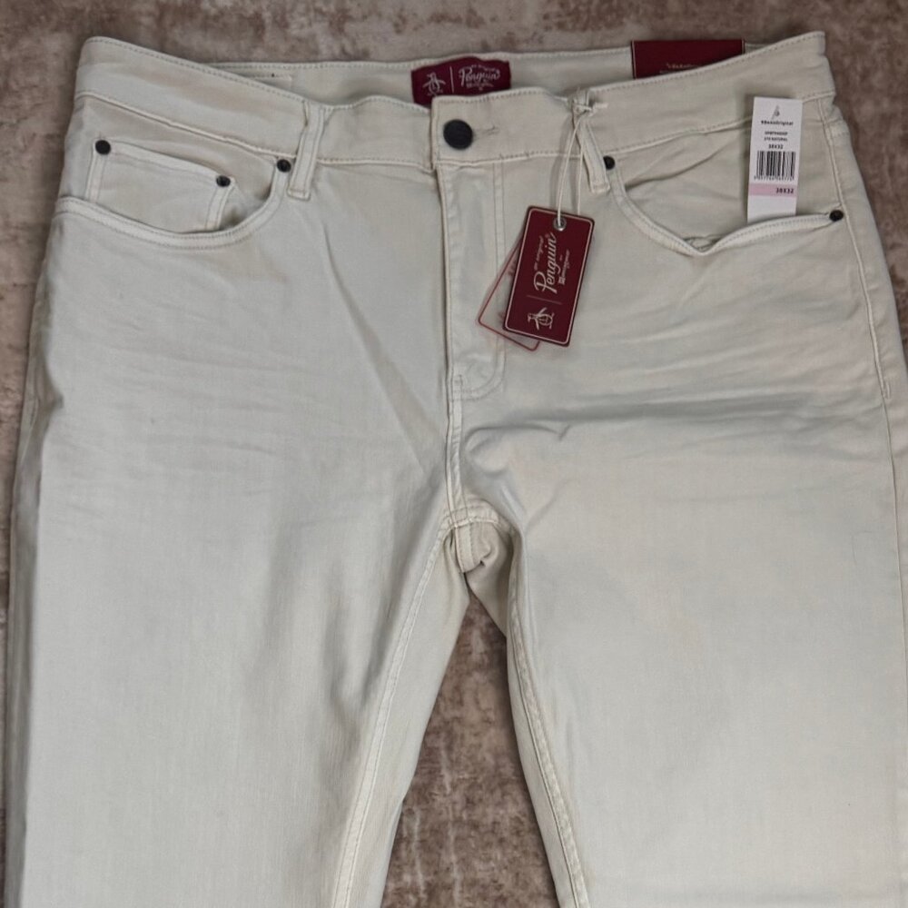 NWT Original Penguin "The Dune" Slim Fit Cream White Stretch Denim Jeans, 38x32